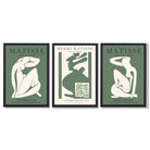 Set of 3 Abstract Matisse Silhouette Green Framed Wall Art with Black Wooden Frames
