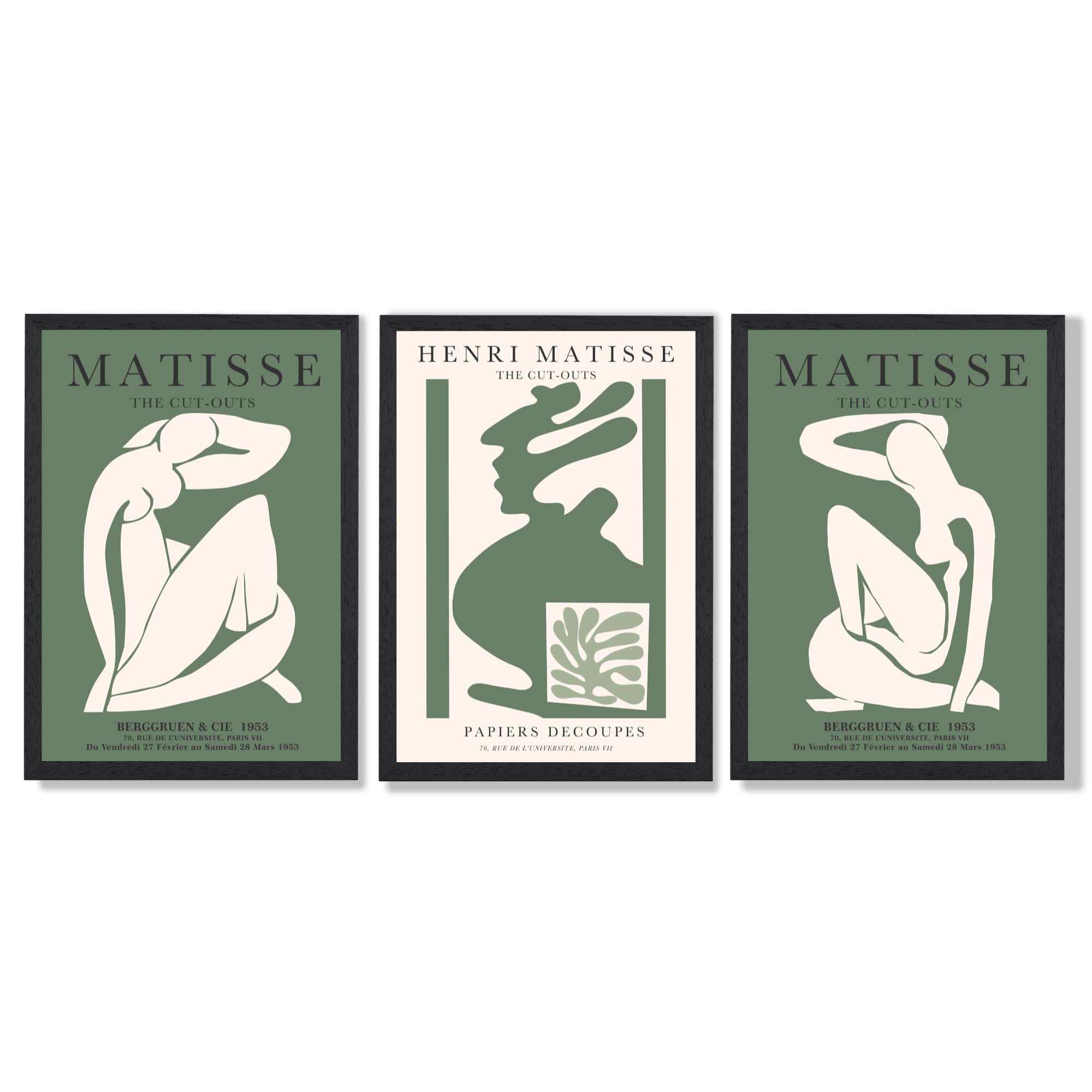 Set of 3 Abstract Matisse Silhouette Green Framed Wall Art with Black Wooden Frames