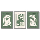 Set of 3 Abstract Matisse Silhouette Green Framed Wall Art with Dark Grey Wooden Frames