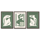 Set of 3 Abstract Matisse Silhouette Green Framed Wall Art with Dark Wood Frames