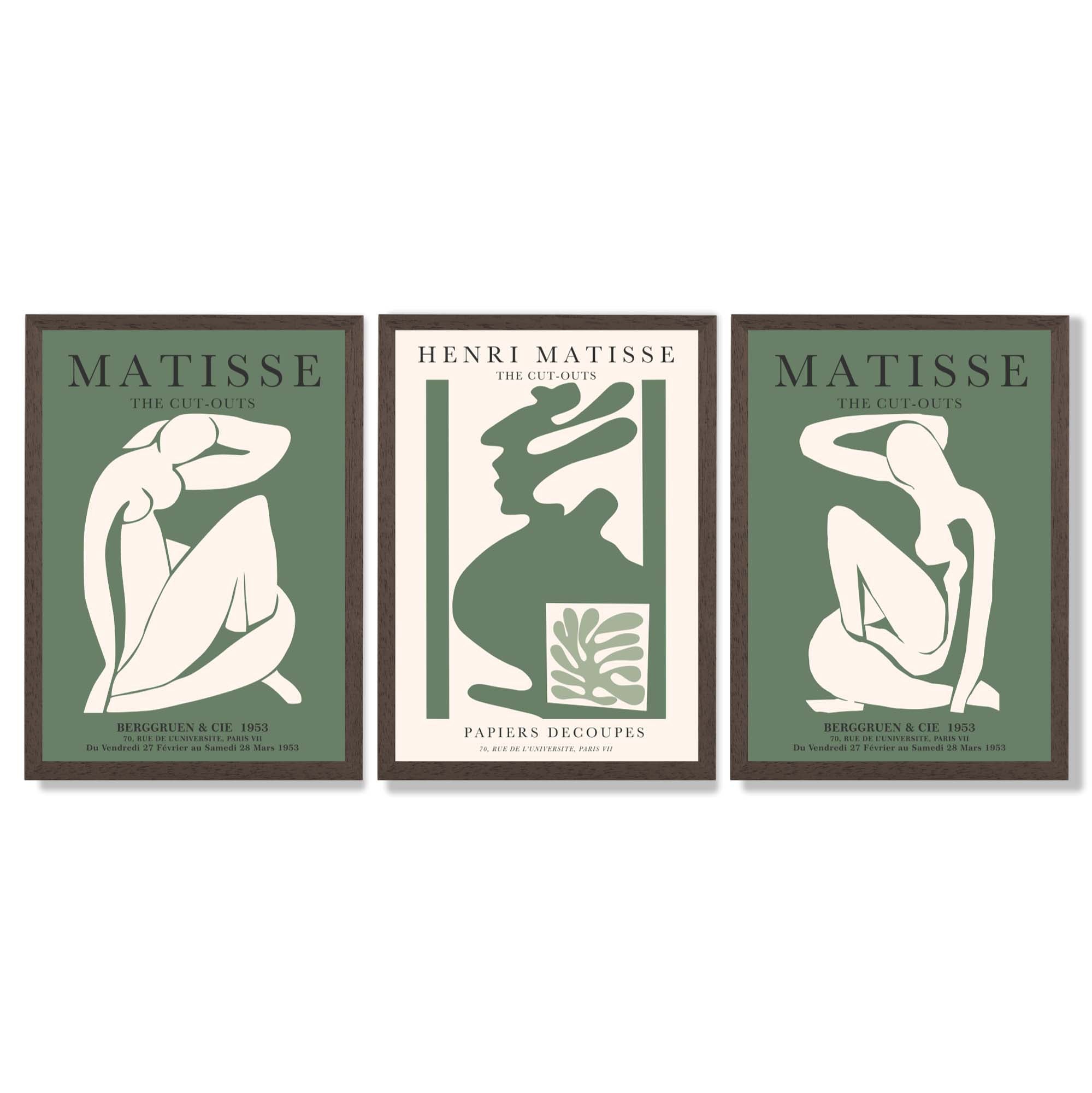 Set of 3 Abstract Matisse Silhouette Green Framed Wall Art with Dark Wood Frames