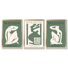 Set of 3 Abstract Matisse Silhouette Green Framed Wall Art with Gold Wood Frames