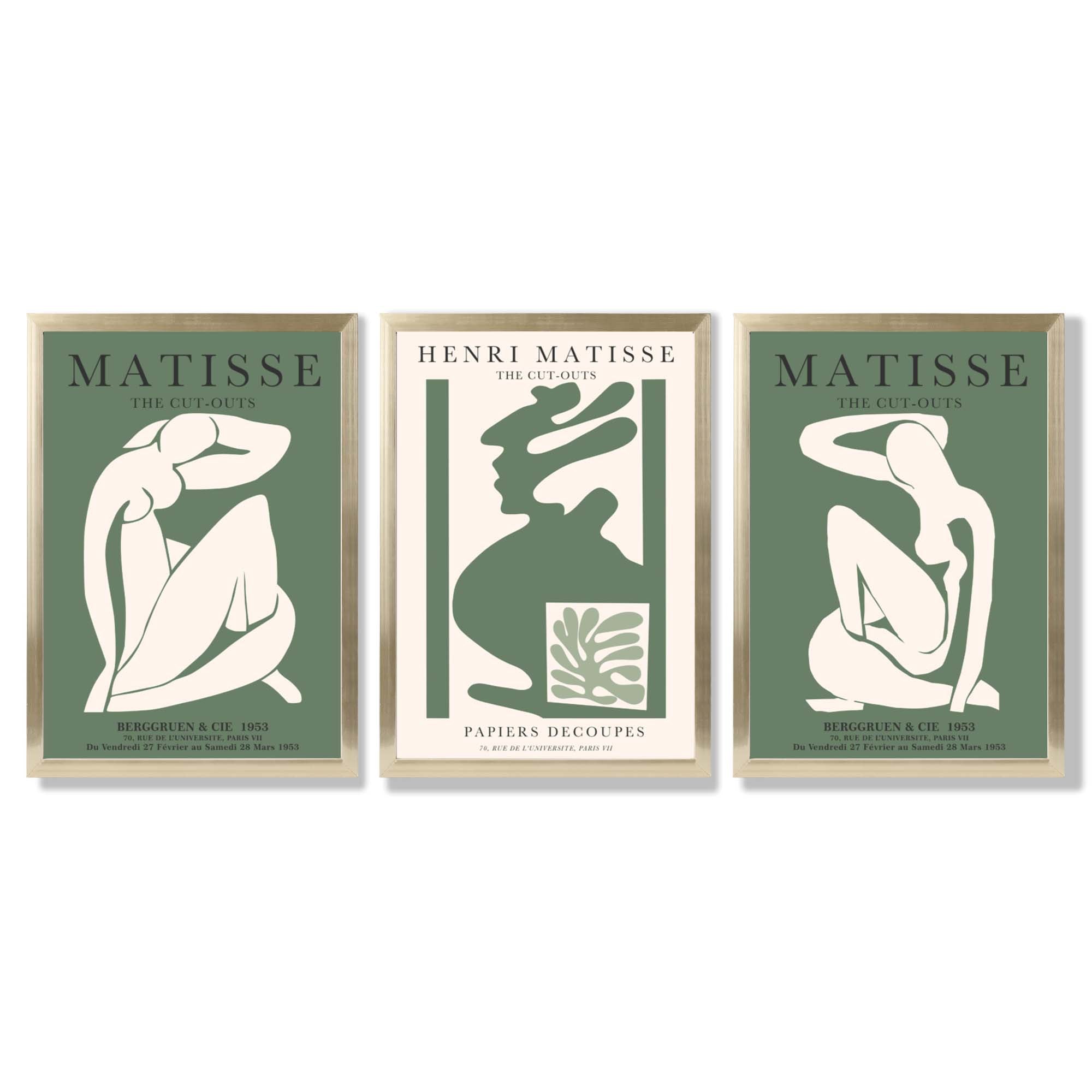 Set of 3 Abstract Matisse Silhouette Green Framed Wall Art with Gold Wood Frames