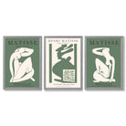 Set of 3 Abstract Matisse Silhouette Green Framed Wall Art with Light Grey Wooden Frames