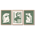 Set of 3 Abstract Matisse Silhouette Green Framed Wall Art with Light Oak Frames