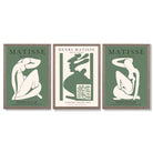 Set of 3 Abstract Matisse Silhouette Green Framed Wall Art with Light Walnut Frames