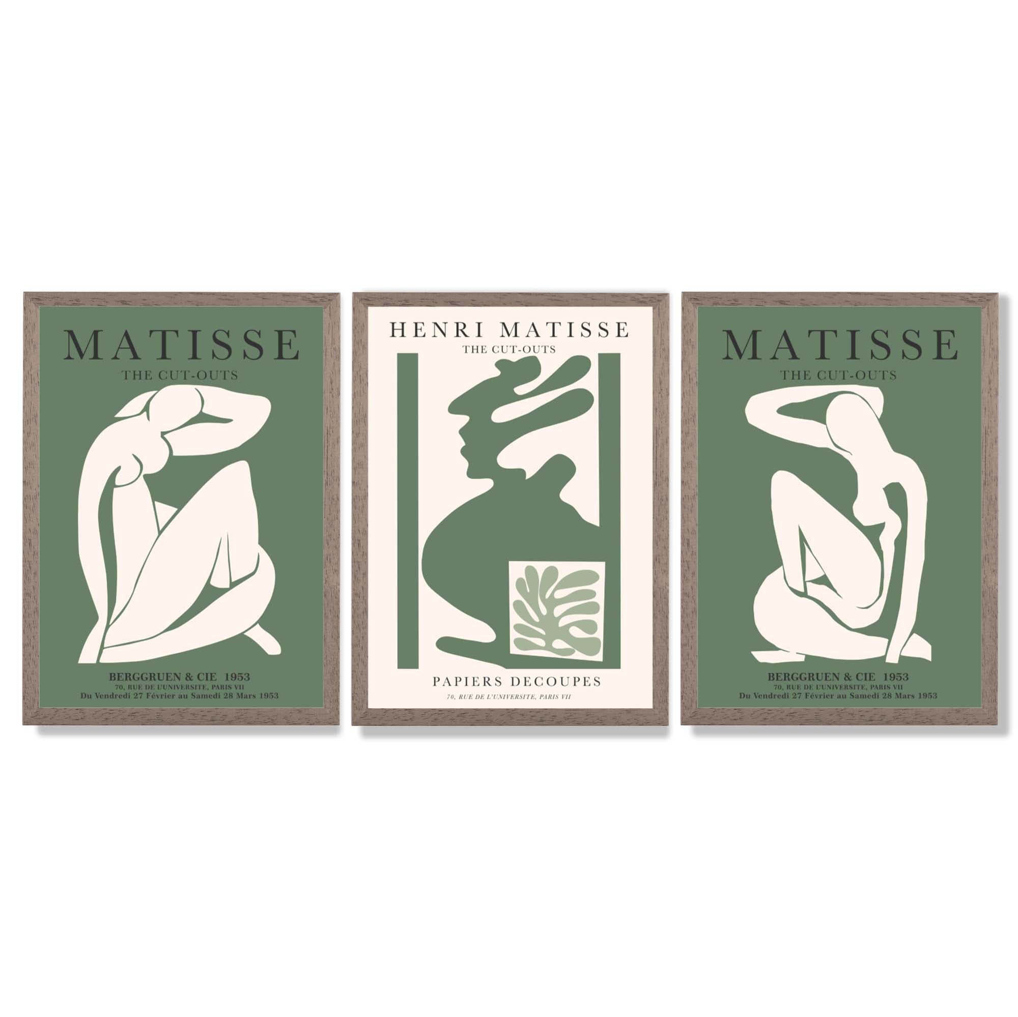 Set of 3 Abstract Matisse Silhouette Green Framed Wall Art with Light Walnut Frames