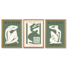Set of 3 Abstract Matisse Silhouette Green Framed Wall Art with Oak Wooden Frames