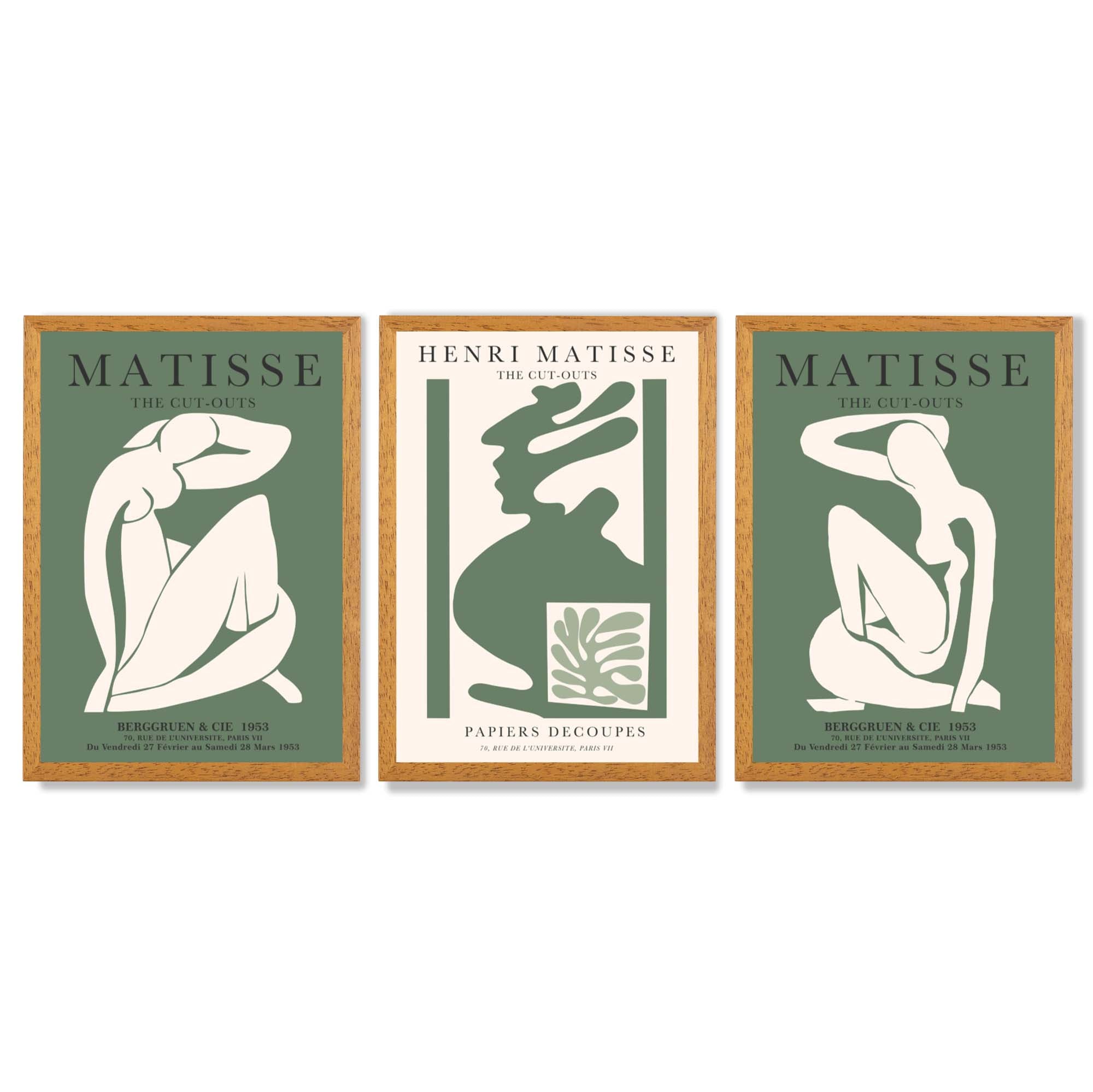 Set of 3 Abstract Matisse Silhouette Green Framed Wall Art with Oak Wooden Frames