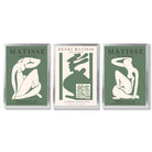 Set of 3 Abstract Matisse Silhouette Green Framed Wall Art with Silver Wood Frames