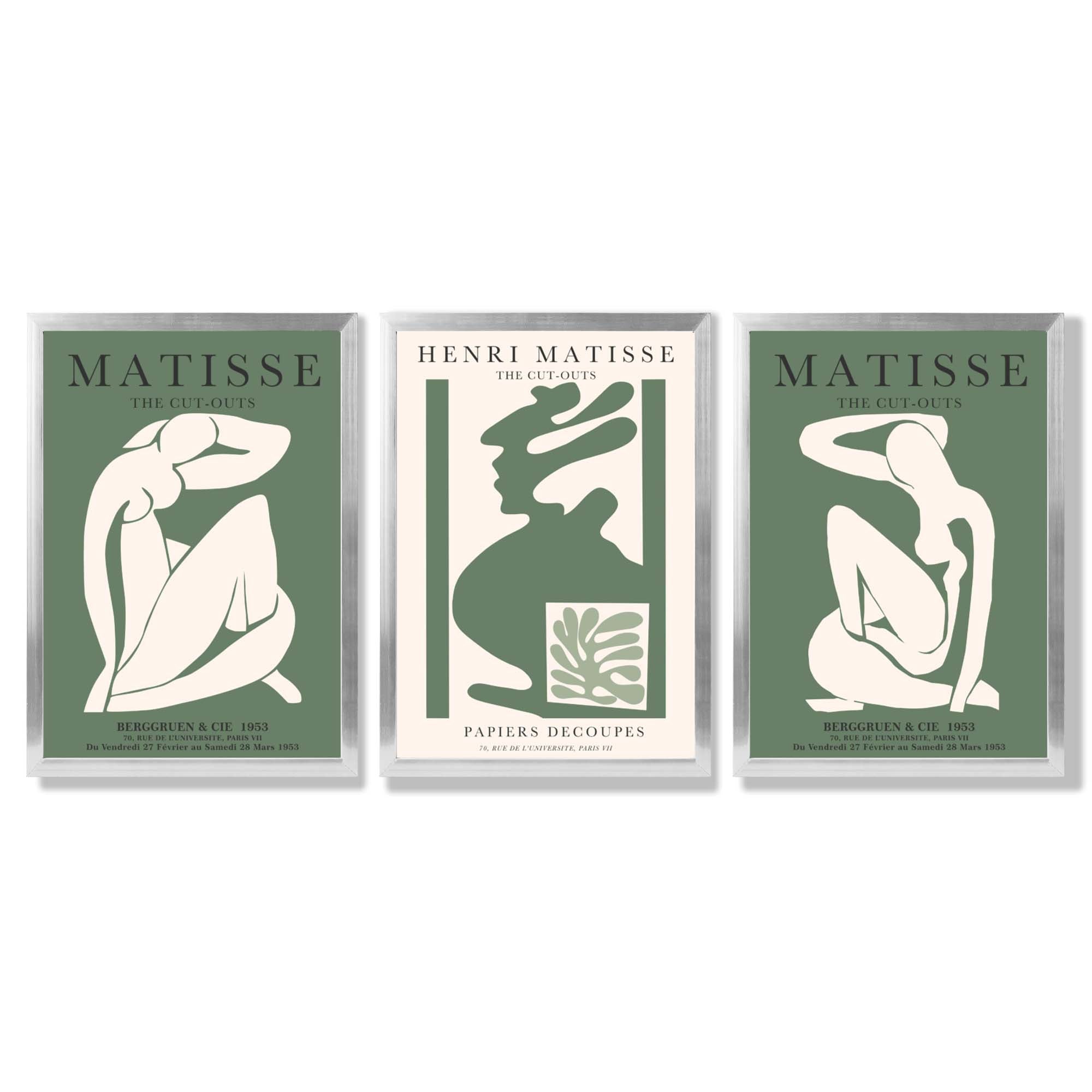 Set of 3 Abstract Matisse Silhouette Green Framed Wall Art with Silver Wood Frames