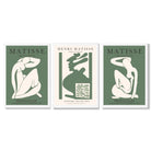 Set of 3 Abstract Matisse Silhouette Green Framed Wall Art with White Wooden Frames
