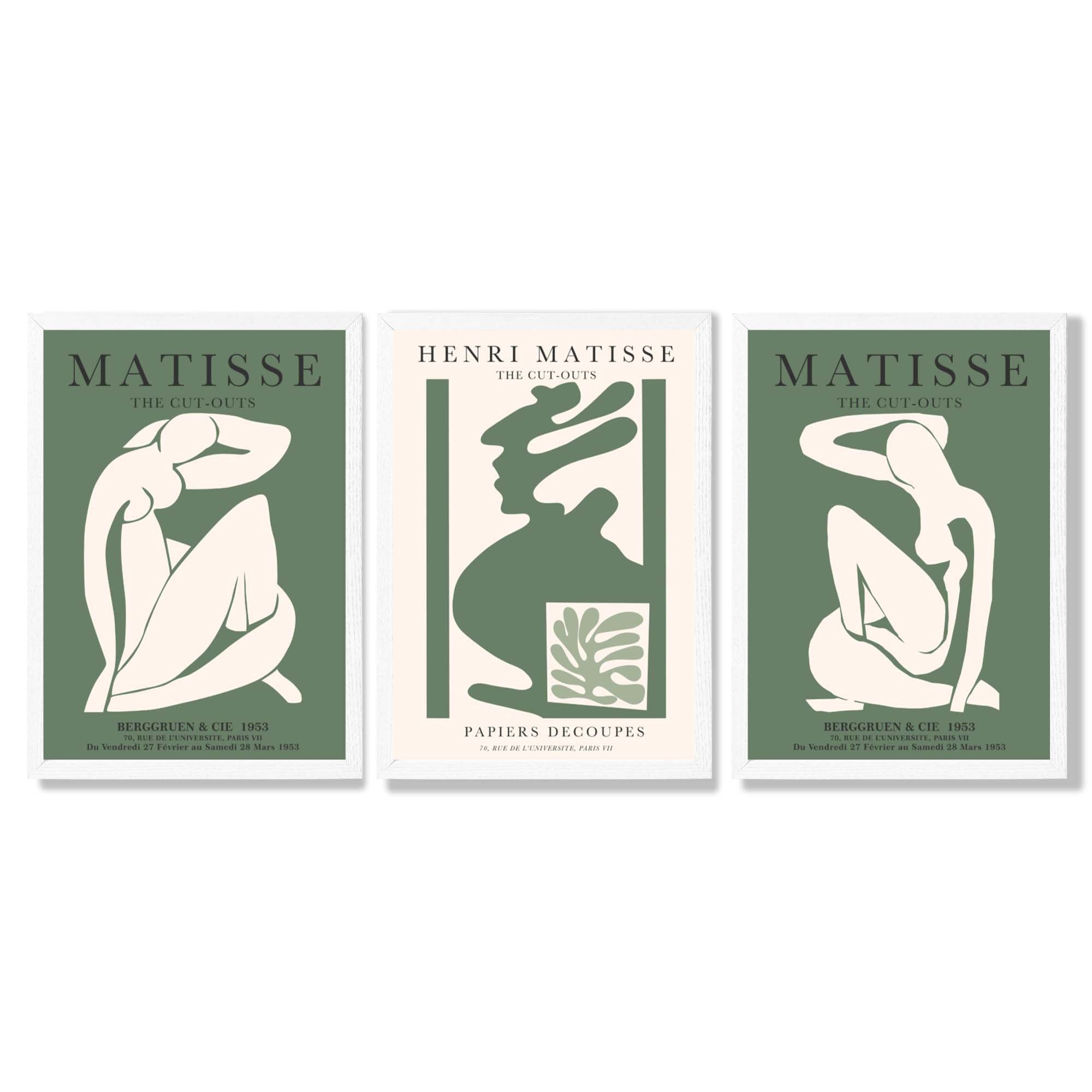 Set of 3 Abstract Matisse Silhouette Green Framed Wall Art with White Wooden Frames