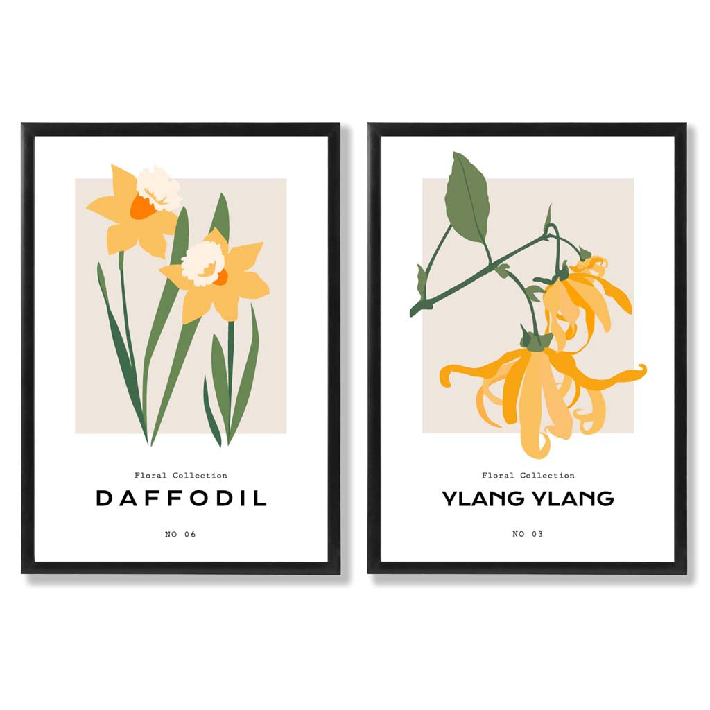 Yellow Daffodil Flower Illustration Set of 2 Art Prints with Black Frame