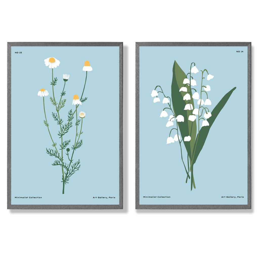 Blue Wild Flower Illustration Set of 2 Art Prints with Dark Grey Frame