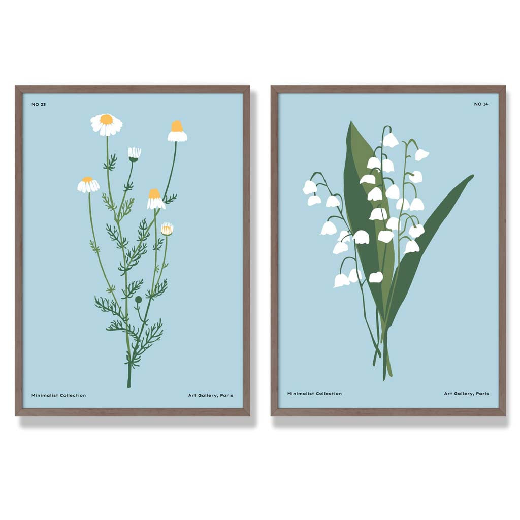 Blue Wild Flower Illustration Set of 2 Art Prints with Walnut Frame