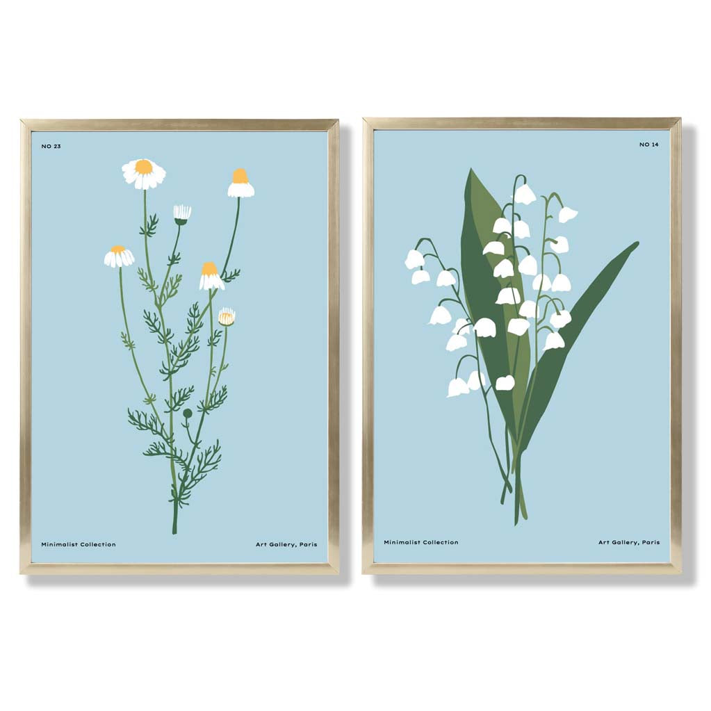 Blue Wild Flower Illustration Set of 2 Art Prints with Gold Frame