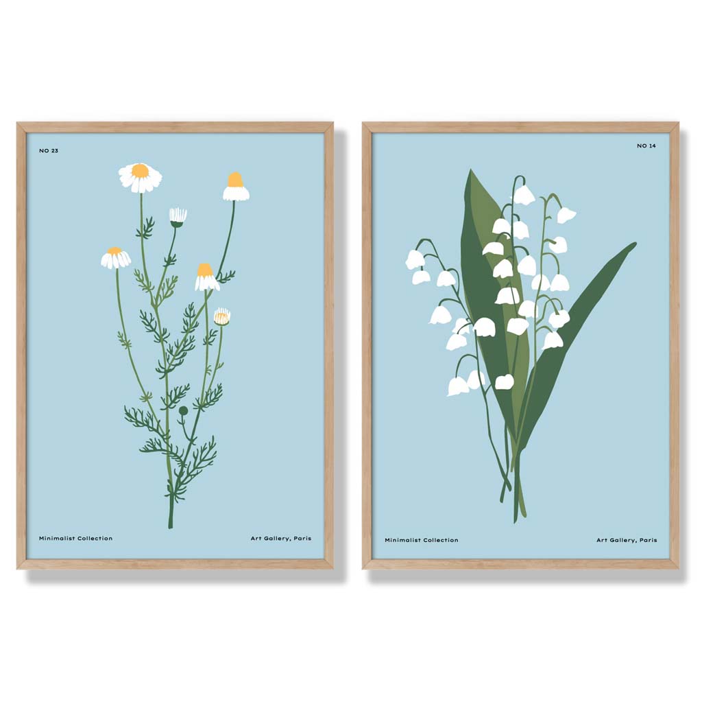 Blue Wild Flower Illustration Set of 2 Art Prints with Oak Frame