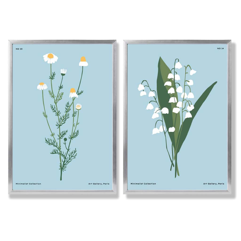 Blue Wild Flower Illustration Set of 2 Art Prints with Silver Frame