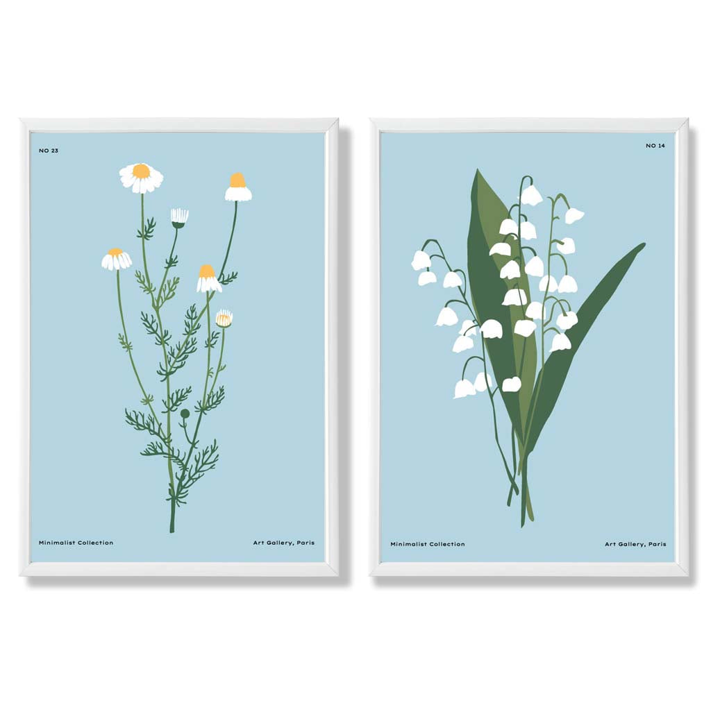 Blue Wild Flower Illustration Set of 2 Art Prints with White Frame