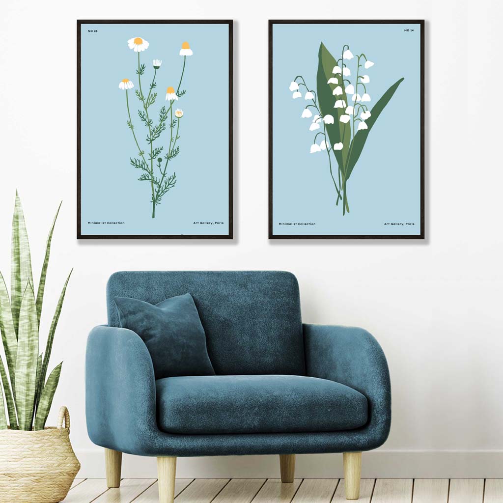 Set of 2 Aqua Blue Wild Flower Illustration Art Prints Set | Artze Wall Art UK