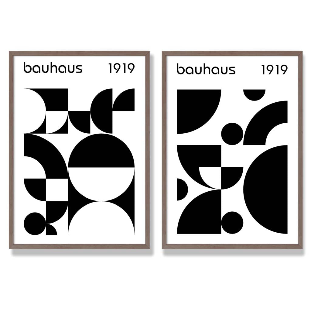Bauhaus Black and White Mid Century Set of 2 Art Prints with Walnut Frame