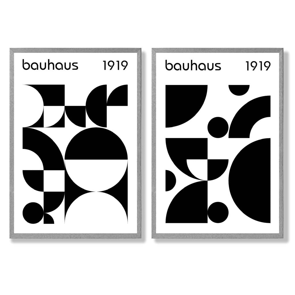 Bauhaus Black and White Mid Century Set of 2 Art Prints with Light Grey Frame