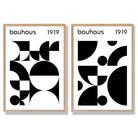 Bauhaus Black and White Mid Century Set of 2 Art Prints with Oak Frame