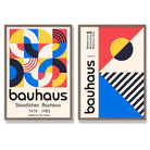 Bauhaus Red and Blue Mid Century Set of 2 Art Prints with Walnut Frame