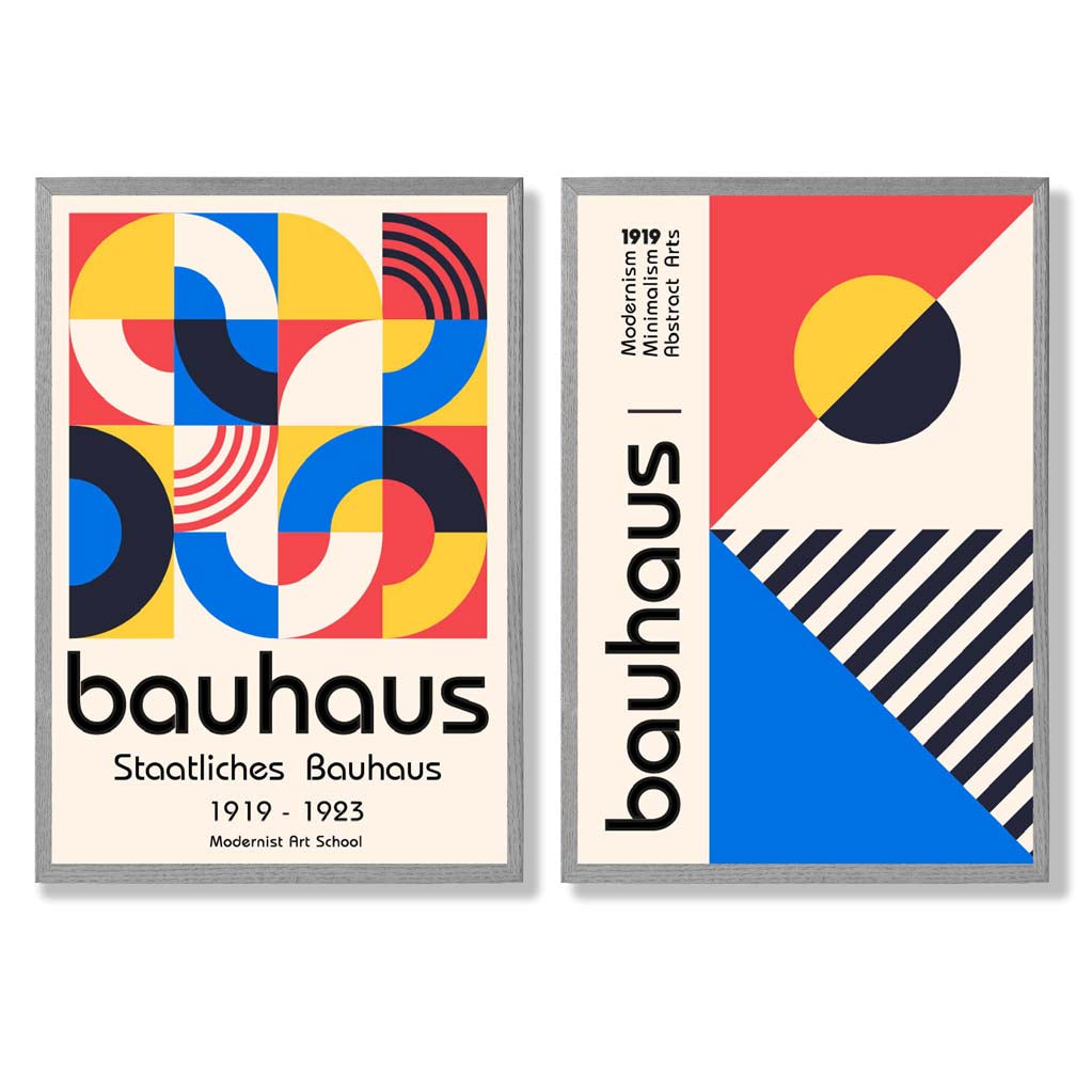 Bauhaus Red and Blue Mid Century Set of 2 Art Prints with Light Grey Frame