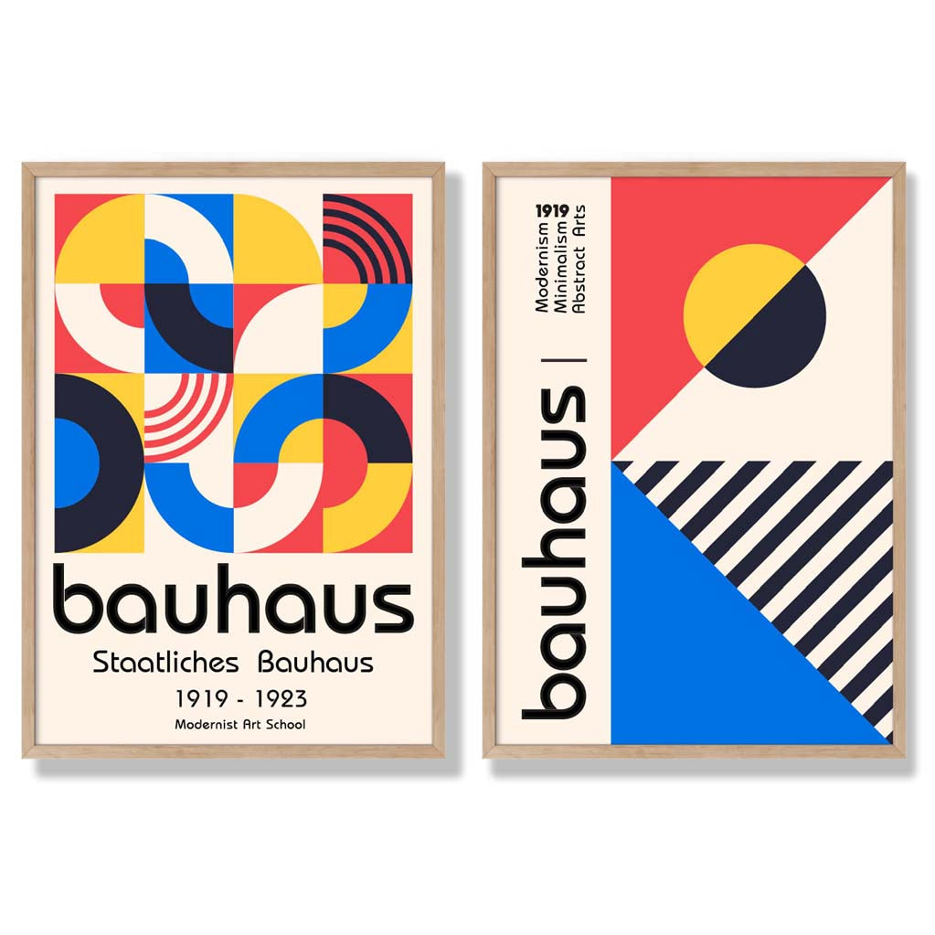 Bauhaus Red and Blue Mid Century Set of 2 Art Prints with Oak Frame