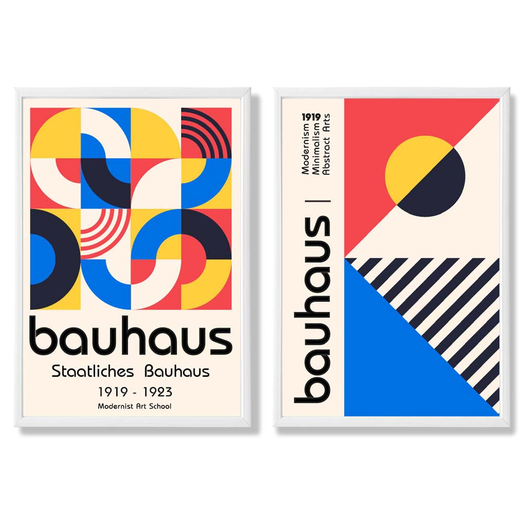 Bauhaus Red and Blue Mid Century Set of 2 Art Prints with White Frame