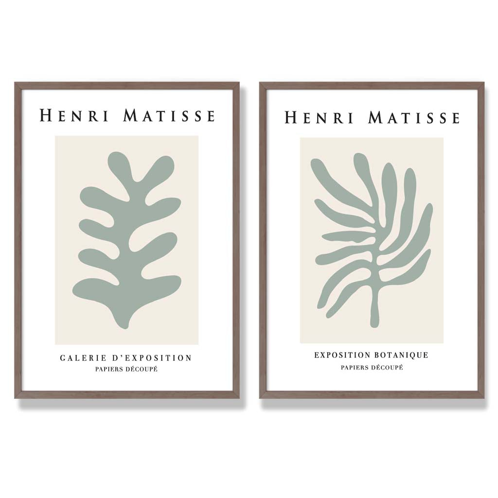 Matisse Botanical in Sage Green Set of 2 Art Prints with Walnut Frame