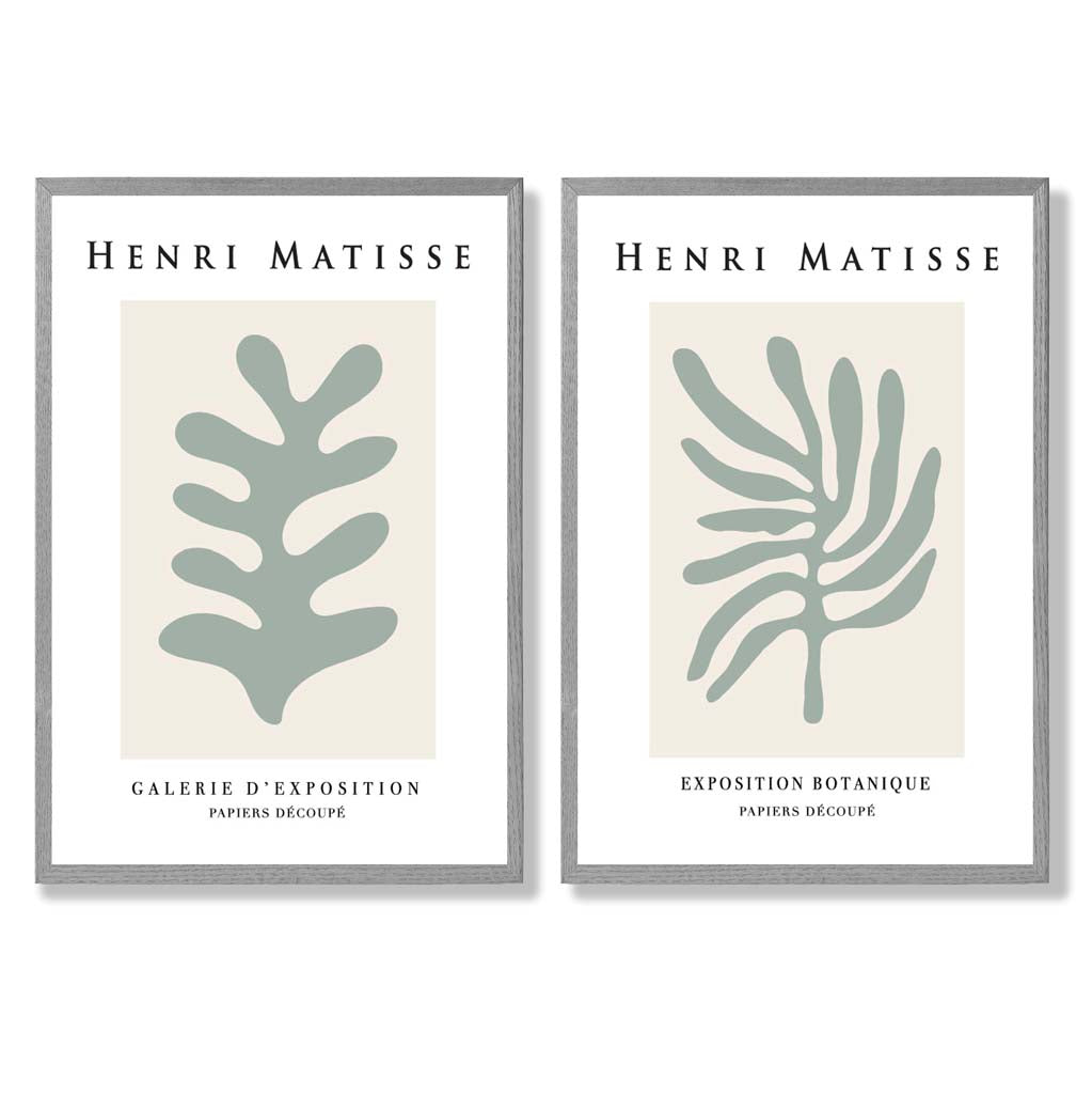 Matisse Botanical in Sage Green Set of 2 Art Prints with Light Grey Frame