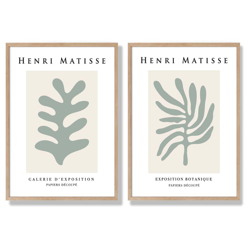 Matisse Botanical in Sage Green Set of 2 Art Prints with Oak Frame