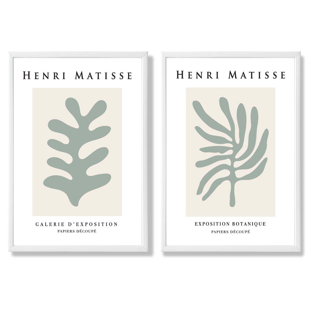 Matisse Botanical in Sage Green Set of 2 Art Prints with White Frame