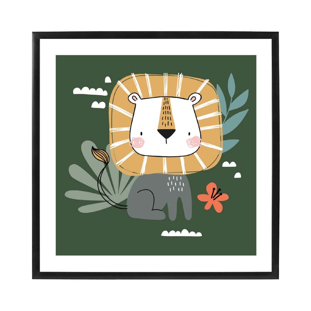 Cute Lion Poster on Dark Green Jungle Kids Wall Art
