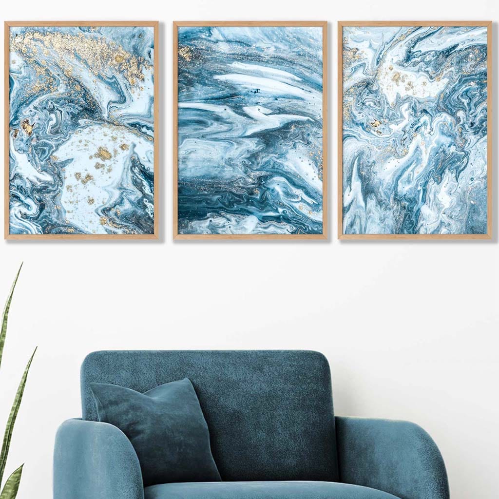 Abstract Teal Blue and Gold Ocean Wall Art Set of 3 Prints