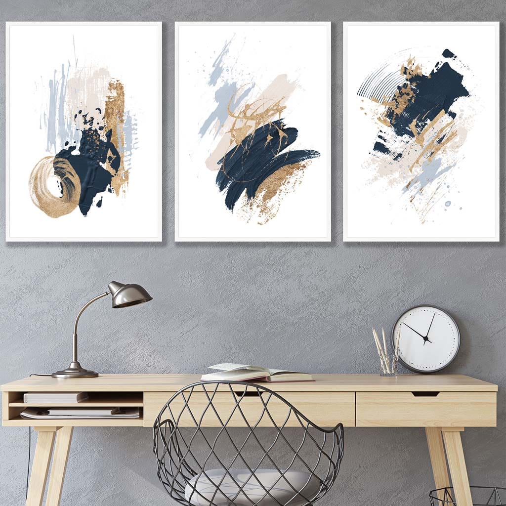 Set of 3 Abstract Posters from Oil Paintings in Blue and Gold