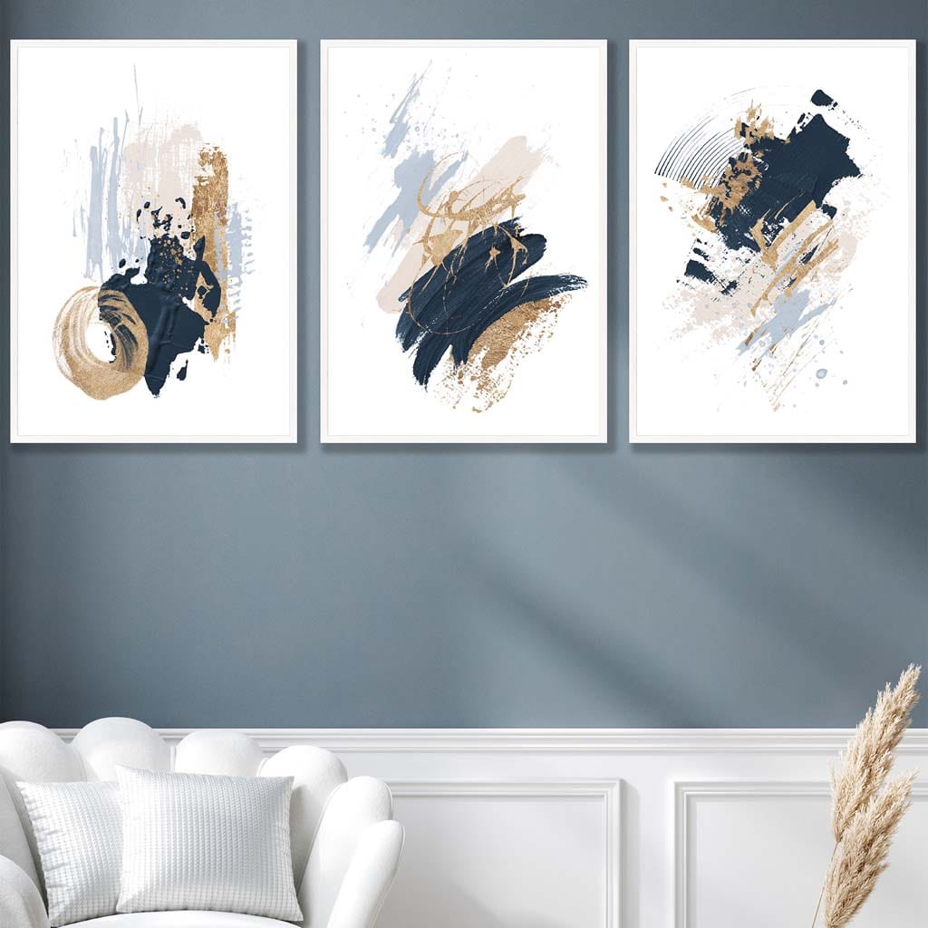Set of 3 Abstract Posters from Oil Paintings in Blue and Gold