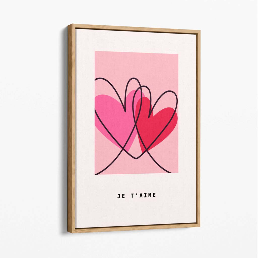 Je Taime Sketch Hearts Canvas Art Print with Oak Float Frame