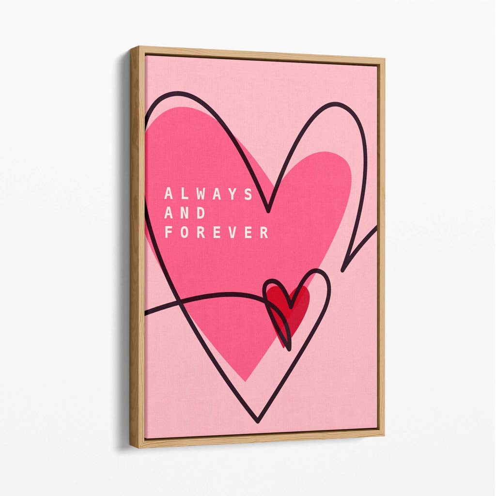 Always and Forever Sketch Hearts Canvas Art Print with Oak Float Frame