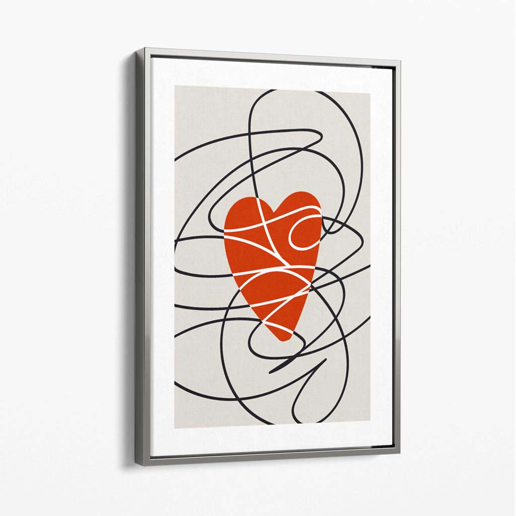 Retro Sketch Heart Sketch Canvas Art Print with Silver Float Frame