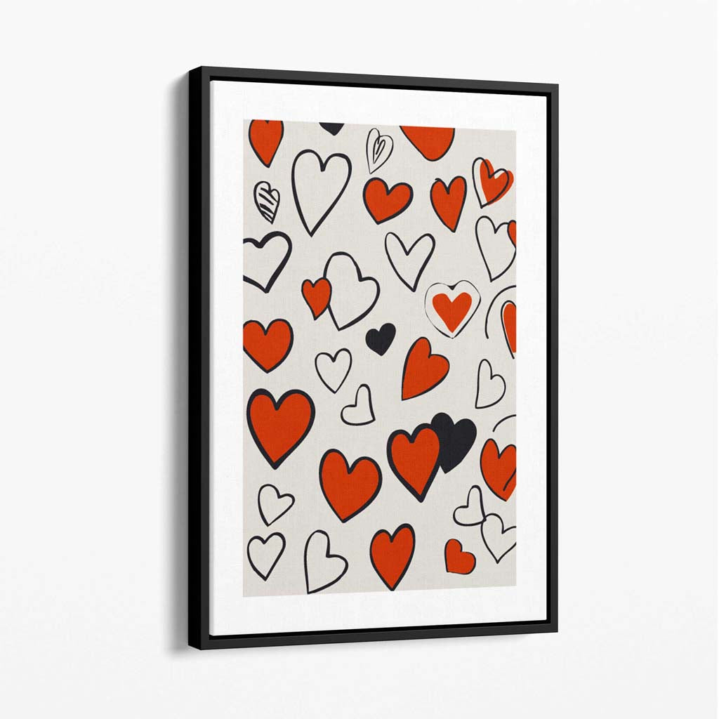 Sketch Love Hearts Canvas Art Print with Black Float Frame