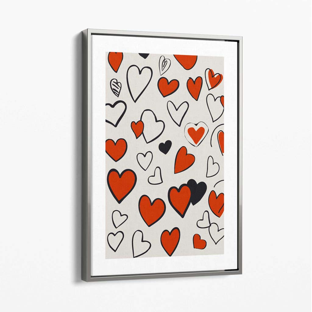 Sketch Love Hearts Canvas Art Print with Silver Float Frame