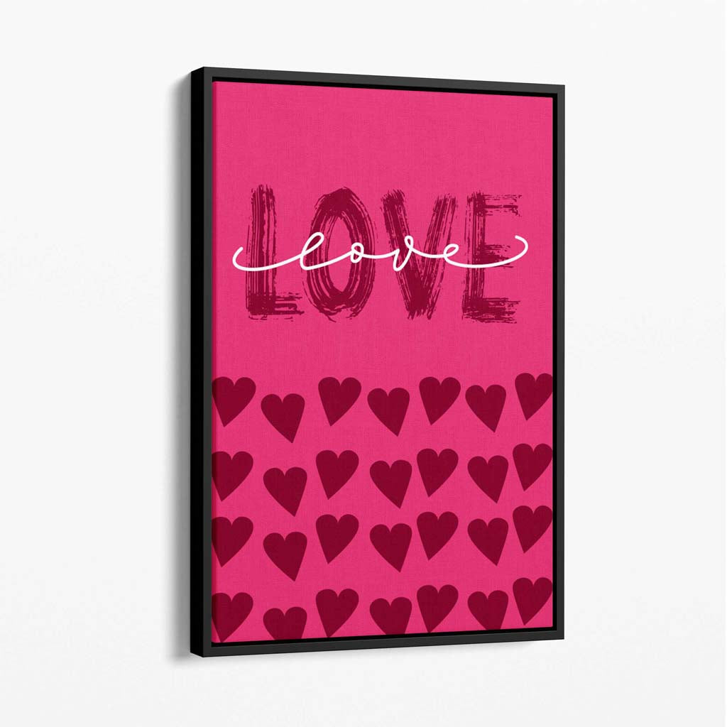 Love with Hearts Pink Canvas Art Print with Black Float Frame