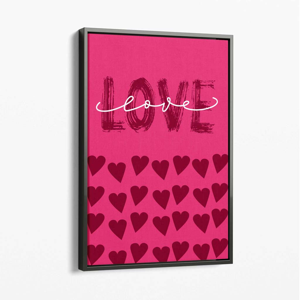 Love with Hearts Pink Canvas Art Print with Grey Float Frame