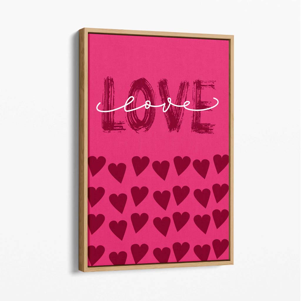 Love with Hearts Pink Canvas Art Print with Oak Float Frame