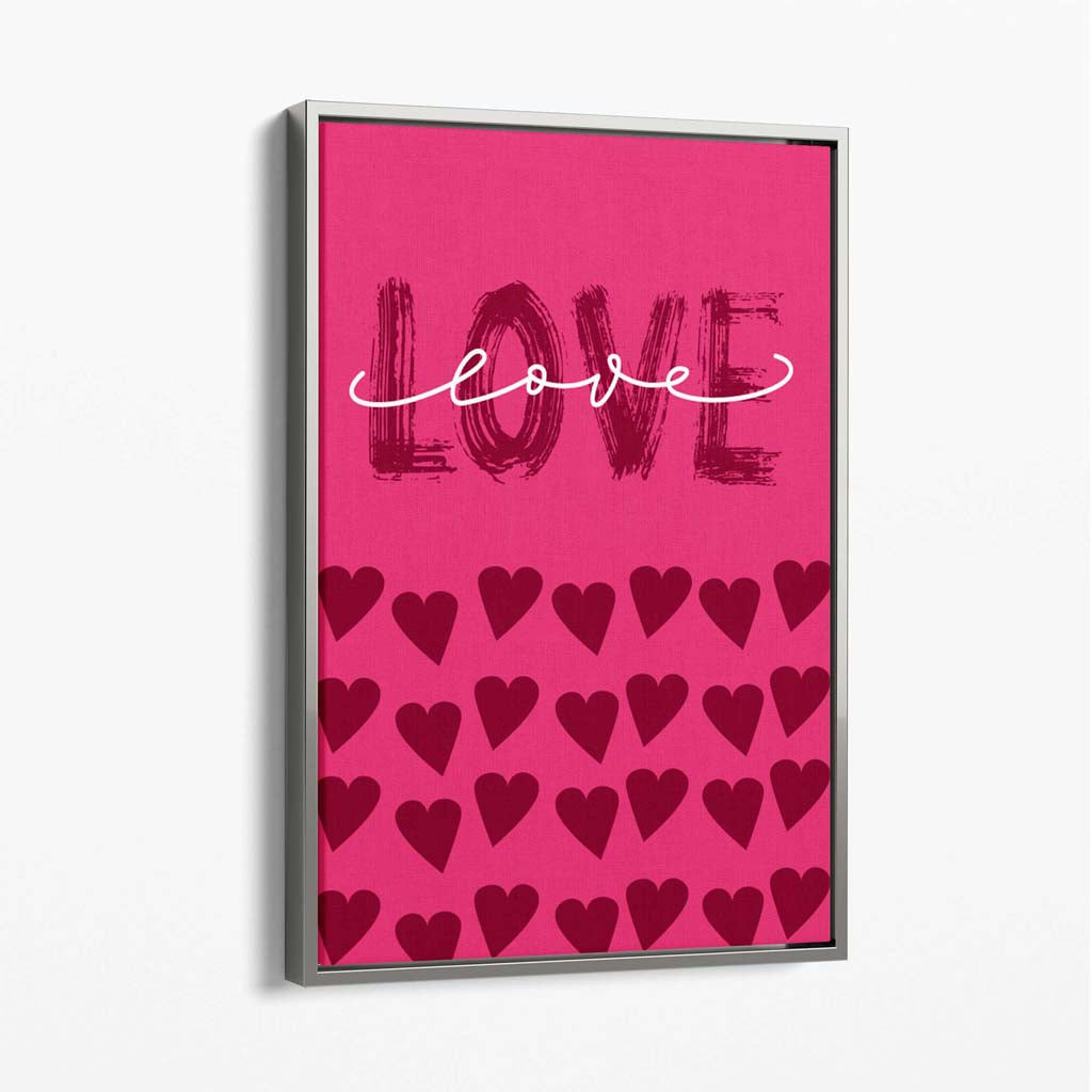 Love with Hearts Pink Canvas Art Print with Silver Float Frame