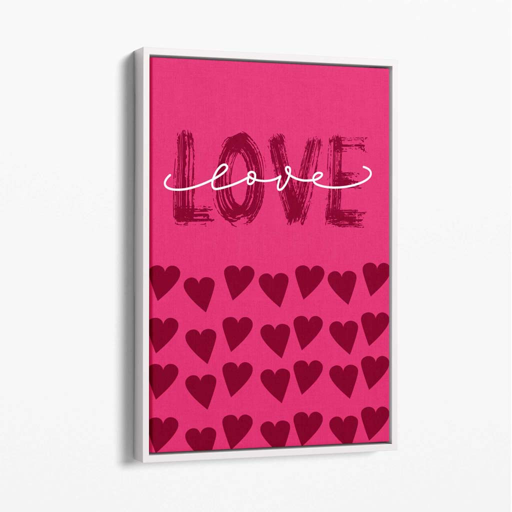 Love with Hearts Pink Canvas Art Print with White Float Frame